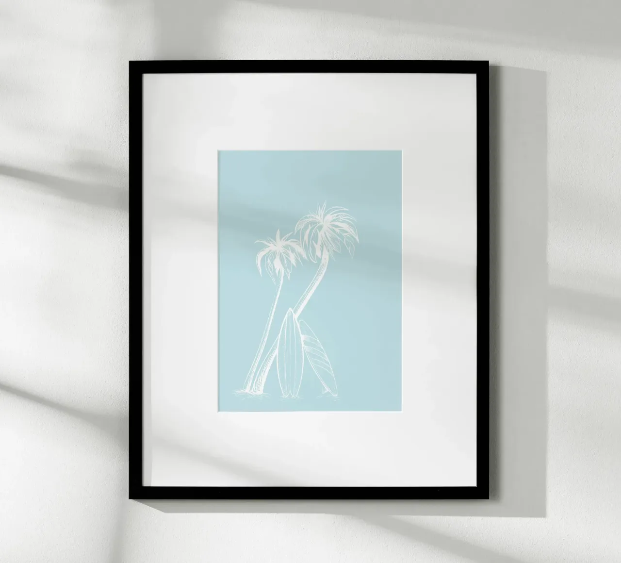 Surf e palme Vintage Line Art Poster blu poster con telaio in legno da dawnthesea