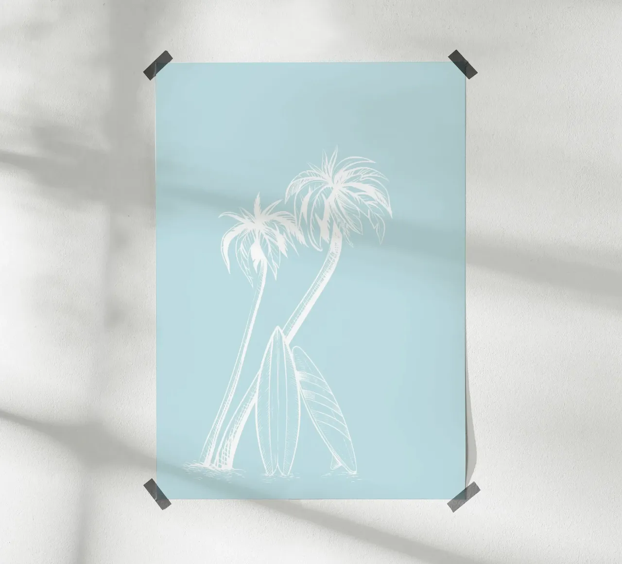 Surf e palme Vintage Line Art Poster blu poster con telaio in legno da dawnthesea