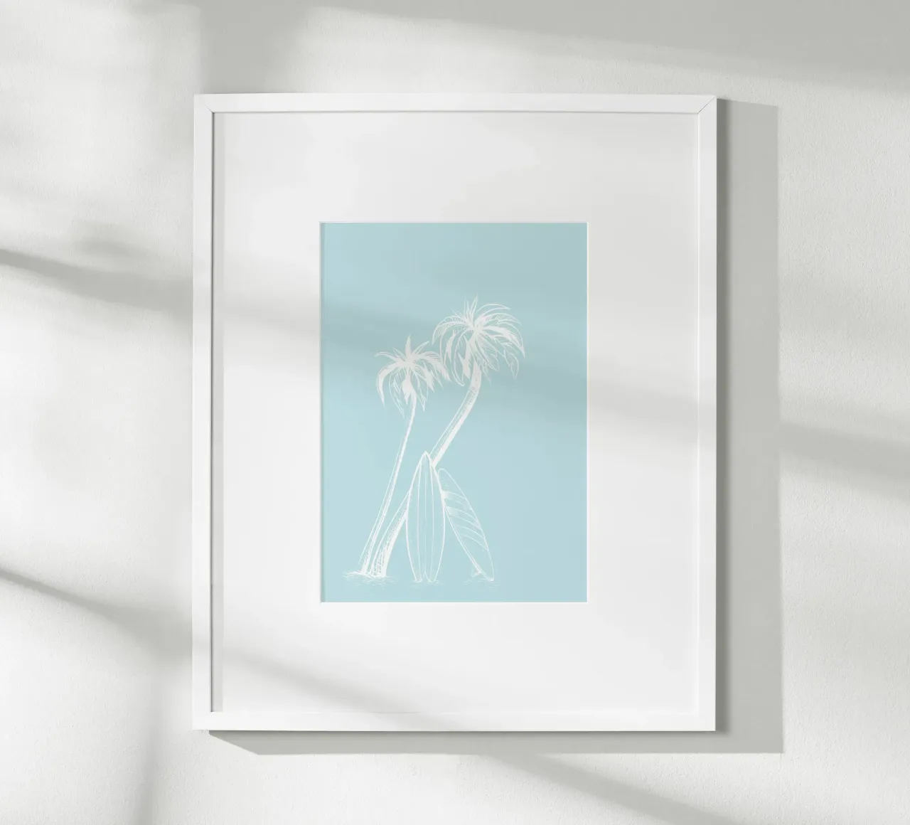 Surf e palme Vintage Line Art Poster blu poster con telaio in legno da dawnthesea