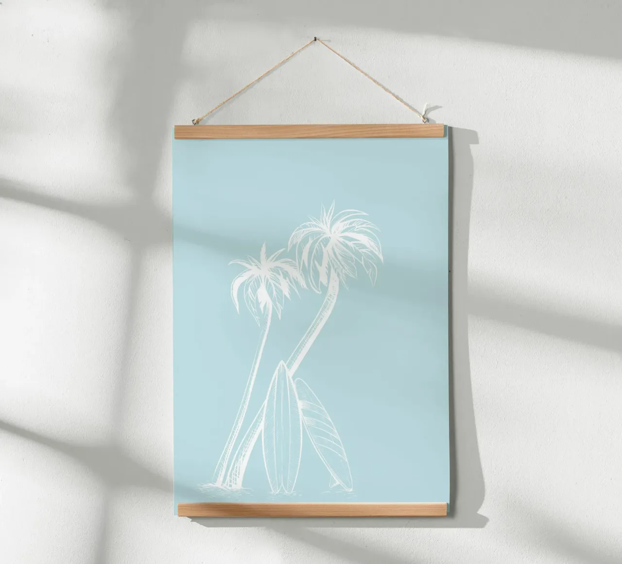 Surf e palme Vintage Line Art Poster blu poster con telaio in legno da dawnthesea