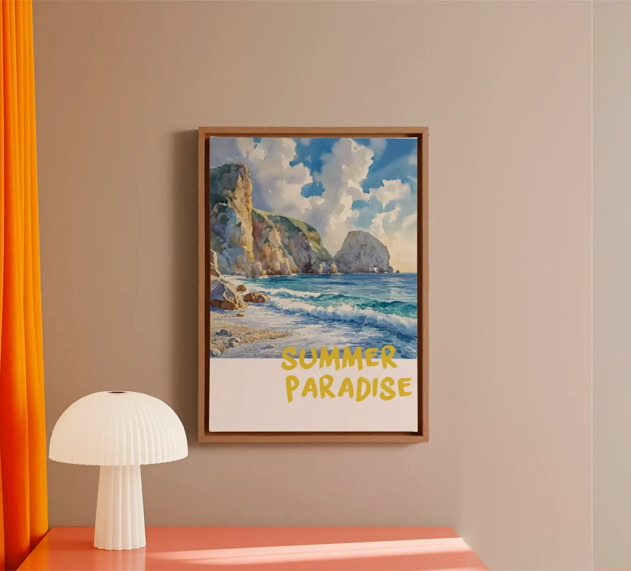 Poster da spiaggia "Summer Paradise", acquerello costiero tela con Cornice a cassetta da dawnthesea