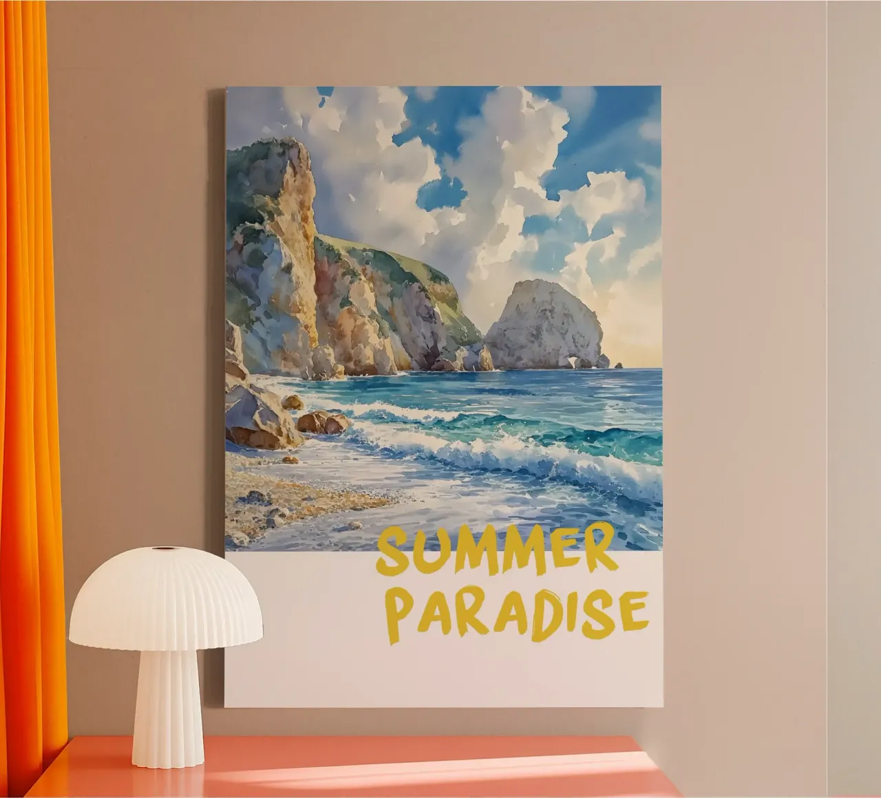 Poster da spiaggia "Summer Paradise", acquerello costiero tela con Cornice a cassetta da dawnthesea