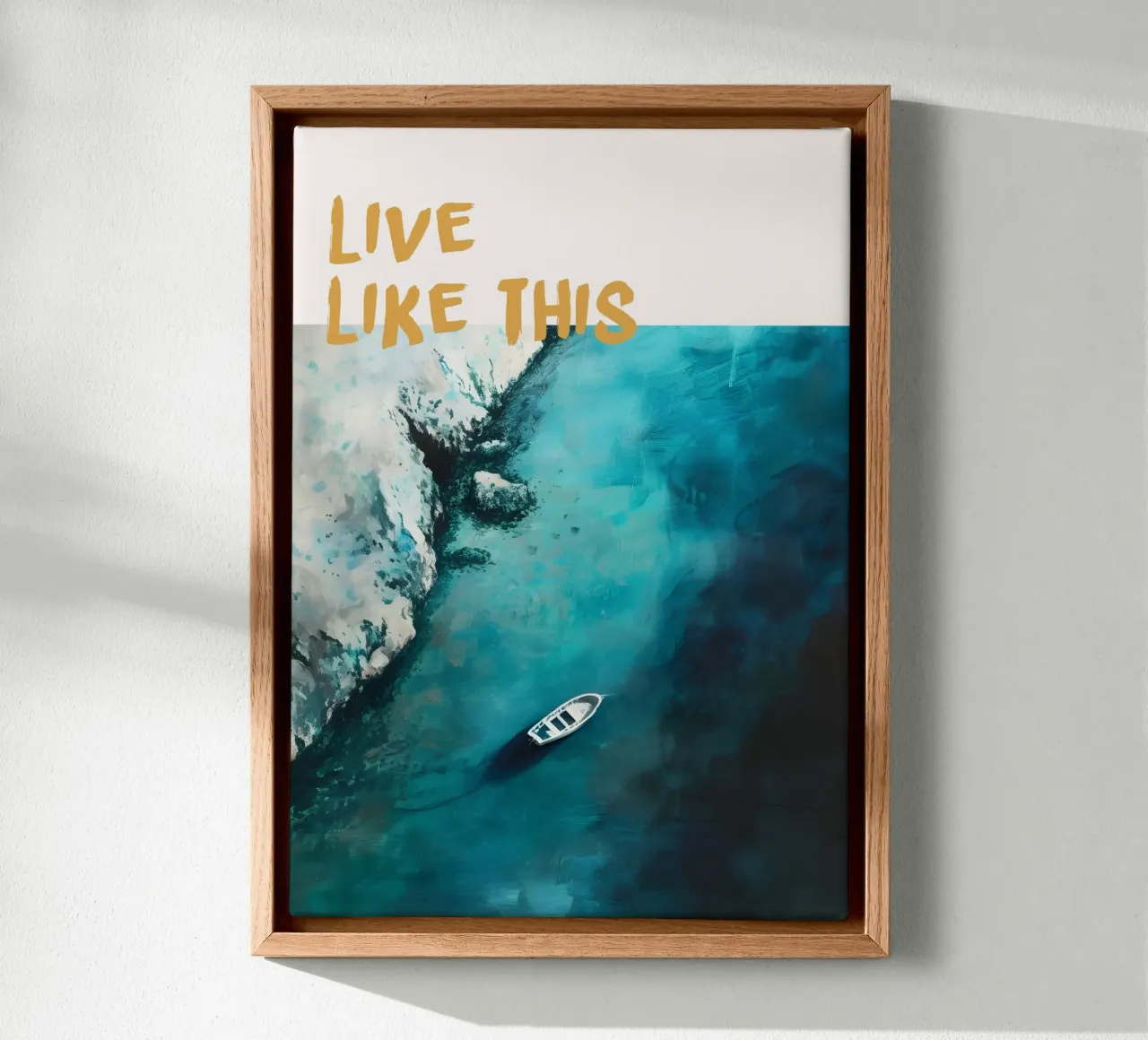 Poster astratto costiero sull'oceano "Live Like This" (Vivere così) tela con Cornice a cassetta da dawnthesea