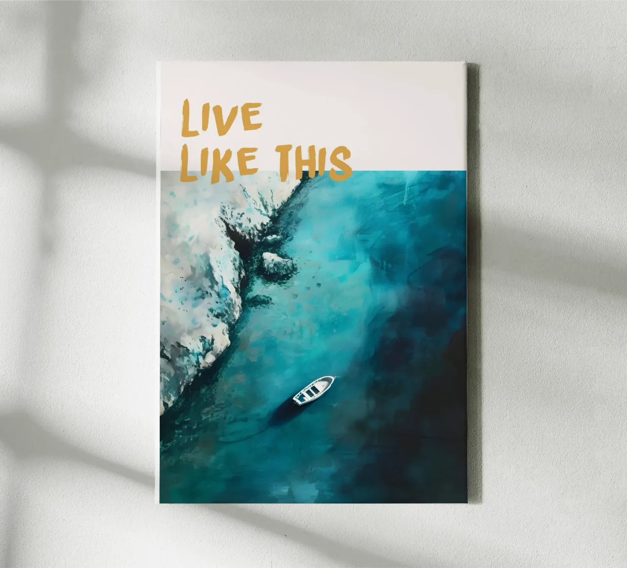 Poster astratto costiero sull'oceano "Live Like This" (Vivere così) tela con Cornice a cassetta da dawnthesea