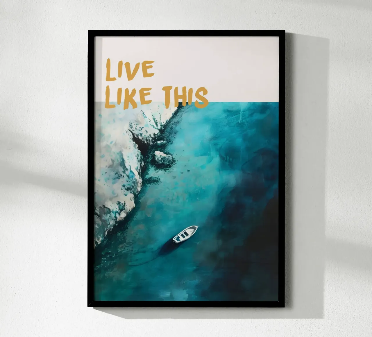 Poster astratto costiero sull'oceano "Live Like This" (Vivere così) poster con telaio in plastica da dawnthesea