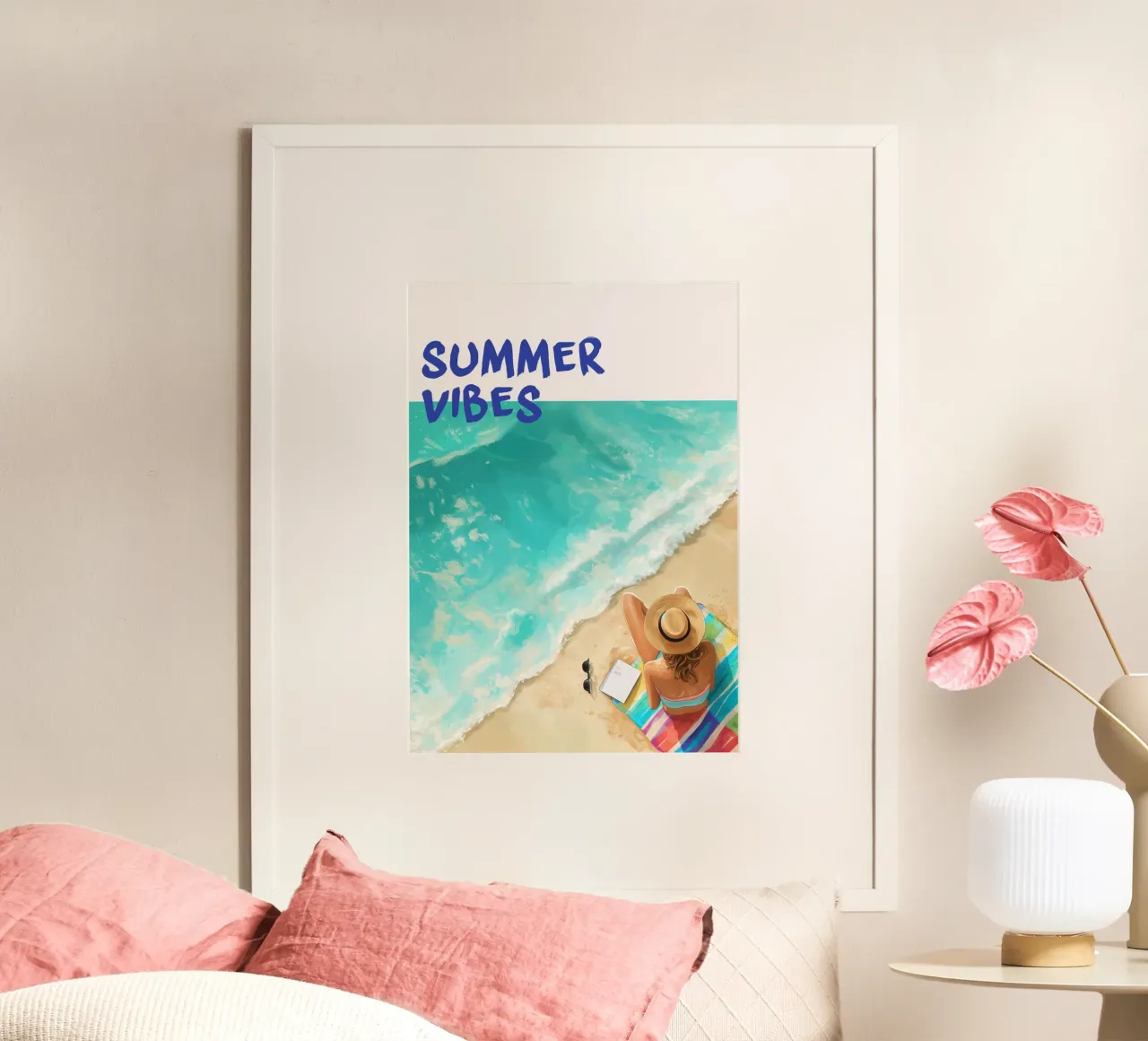 Poster d'arte costiera "Summer Vibes" Illustrazione della spiaggia poster con telaio in plastica da dawnthesea
