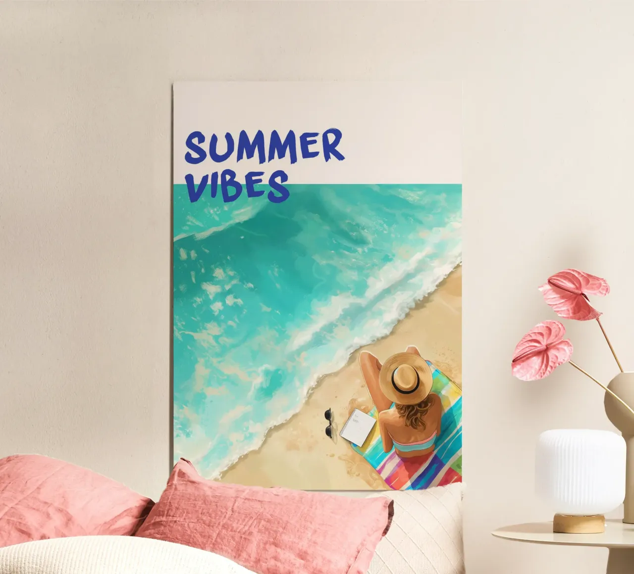 Poster d'arte costiera "Summer Vibes" Illustrazione della spiaggia poster con telaio in plastica da dawnthesea