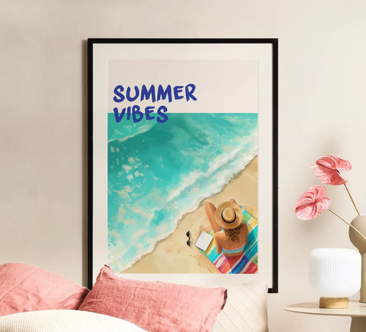 Poster d'arte costiera "Summer Vibes" Illustrazione della spiaggia poster con telaio in plastica da dawnthesea