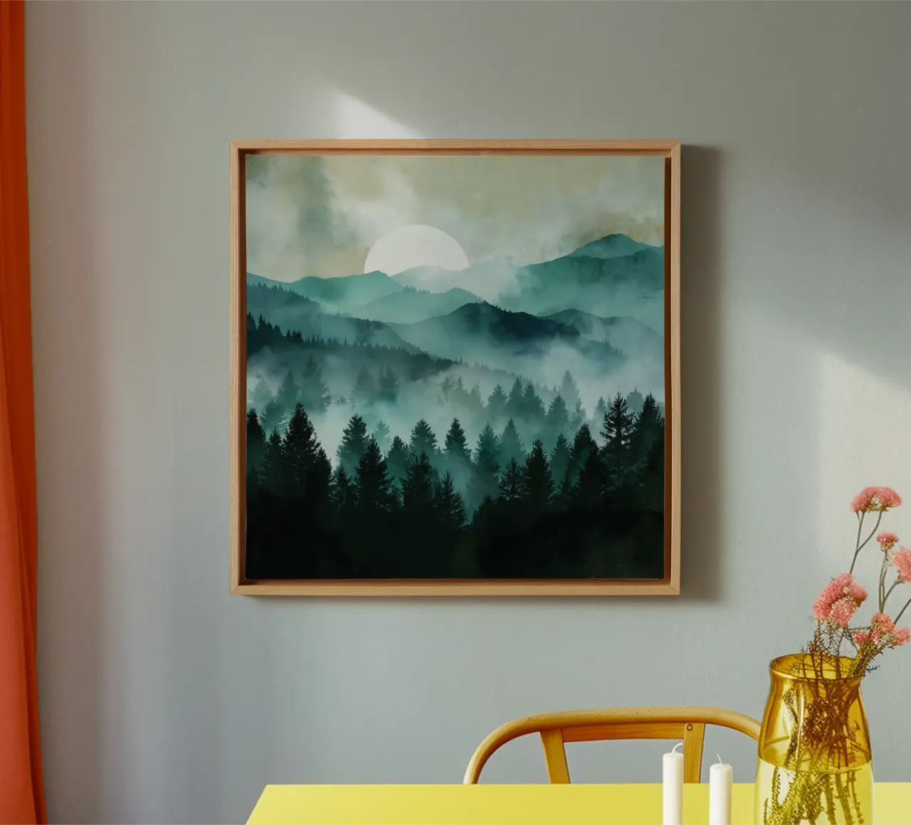 Veil of Pines - Mist Rising in a Forest Dawn Leinwand mit Schattenfugenrahmen von Dune