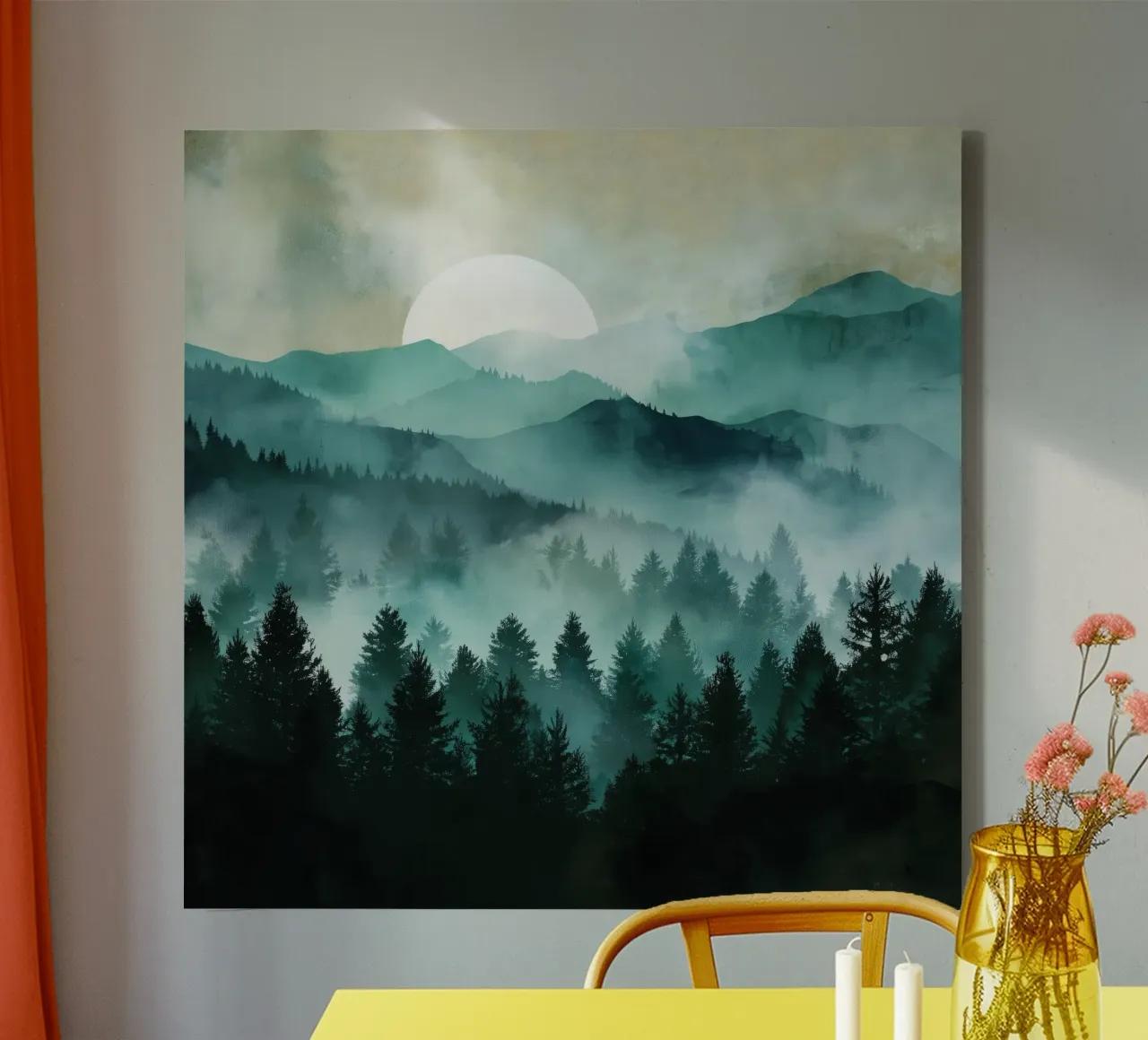 Veil of Pines - Mist Rising in a Forest Dawn Leinwand mit Schattenfugenrahmen von Dune