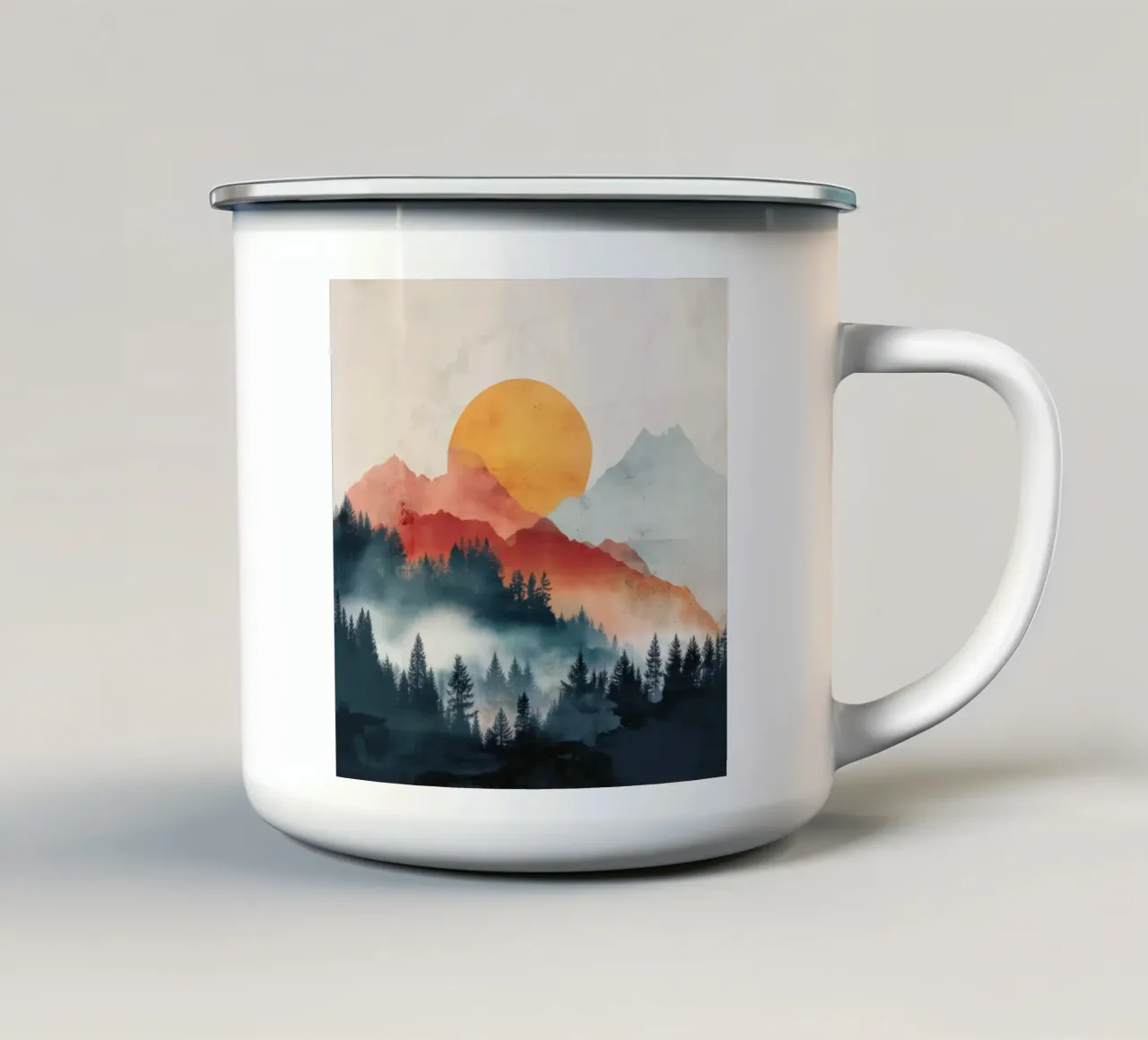 Mountain Ember - A Sun Rises Through Smoky Pines tazza in smalto da Dune