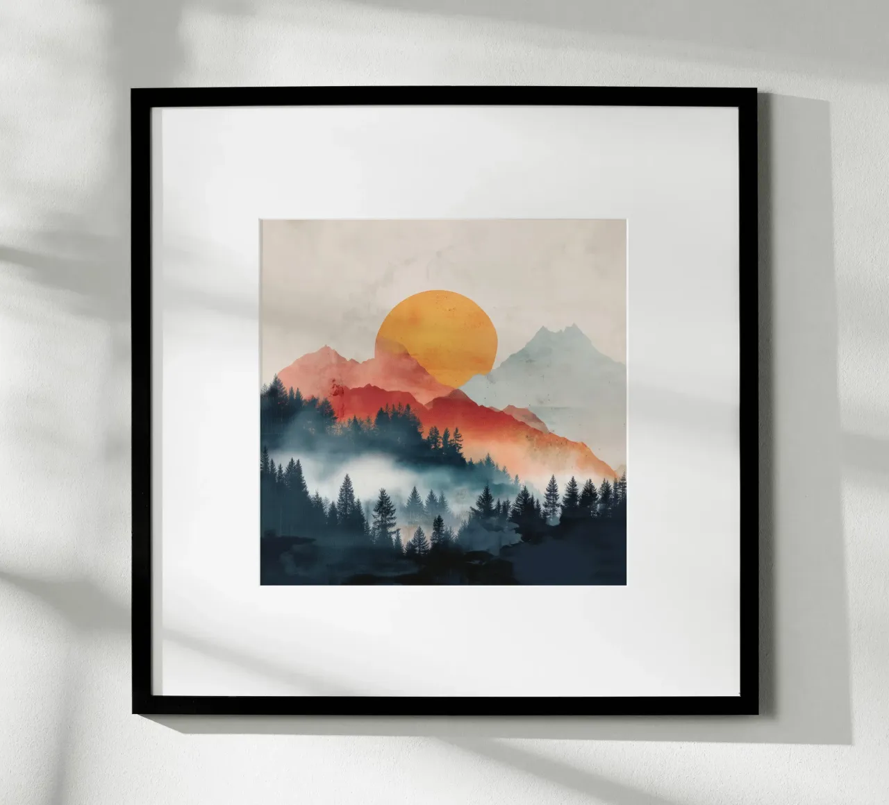Mountain Ember - A Sun Rises Through Smoky Pines Poster von Dune