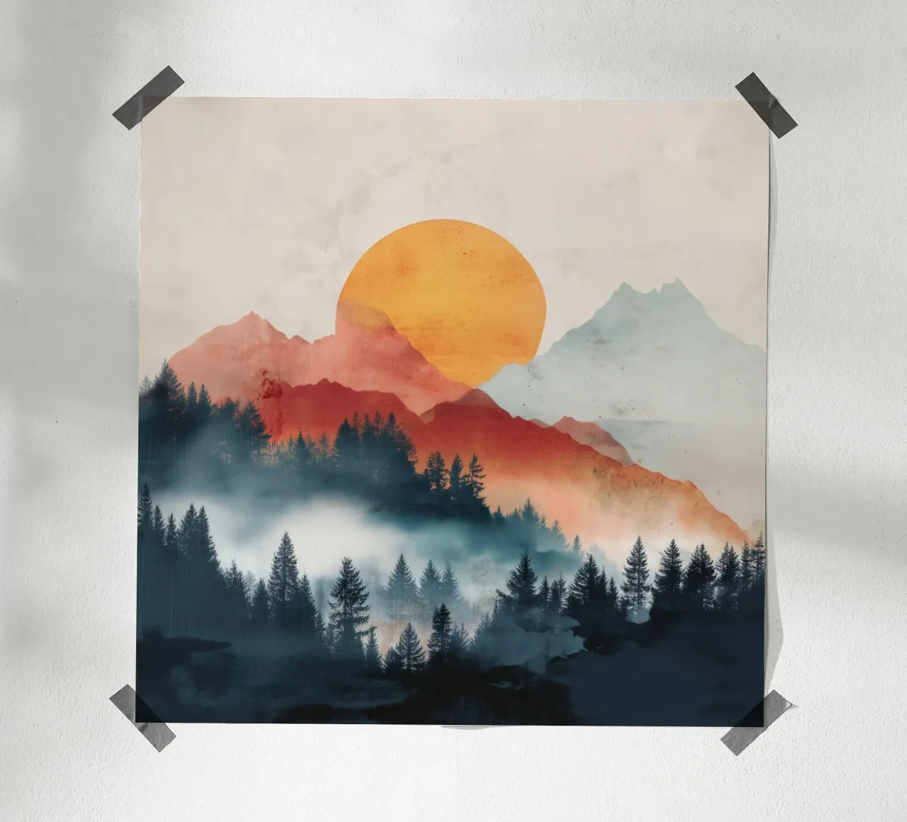 Mountain Ember - A Sun Rises Through Smoky Pines Poster von Dune
