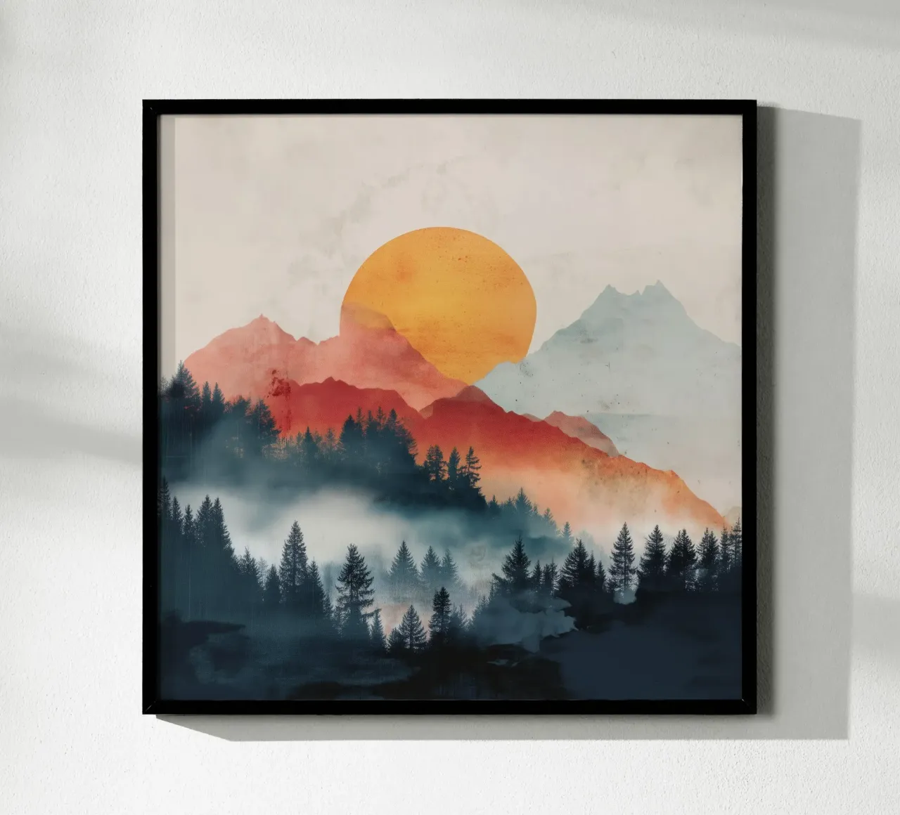 Mountain Ember - A Sun Rises Through Smoky Pines Poster von Dune