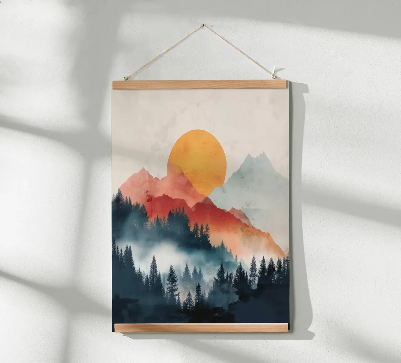 Mountain Ember - A Sun Rises Through Smoky Pines Poster von Dune