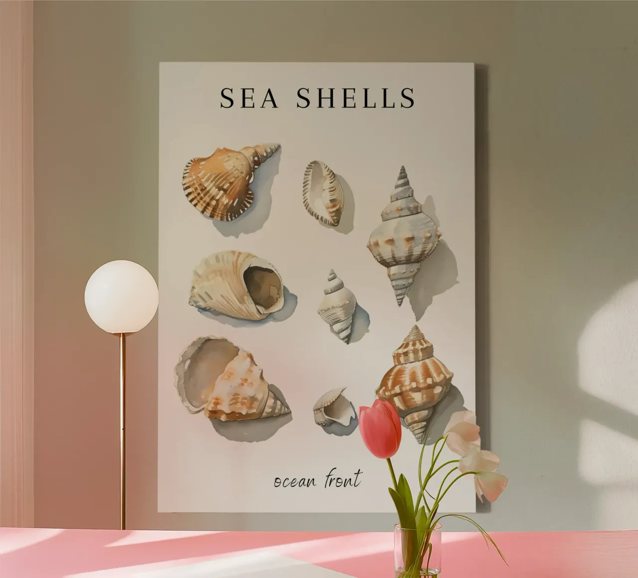 "Conchiglie di mare davanti all'oceano", acquerello neutro tela con Cornice a cassetta da dawnthesea