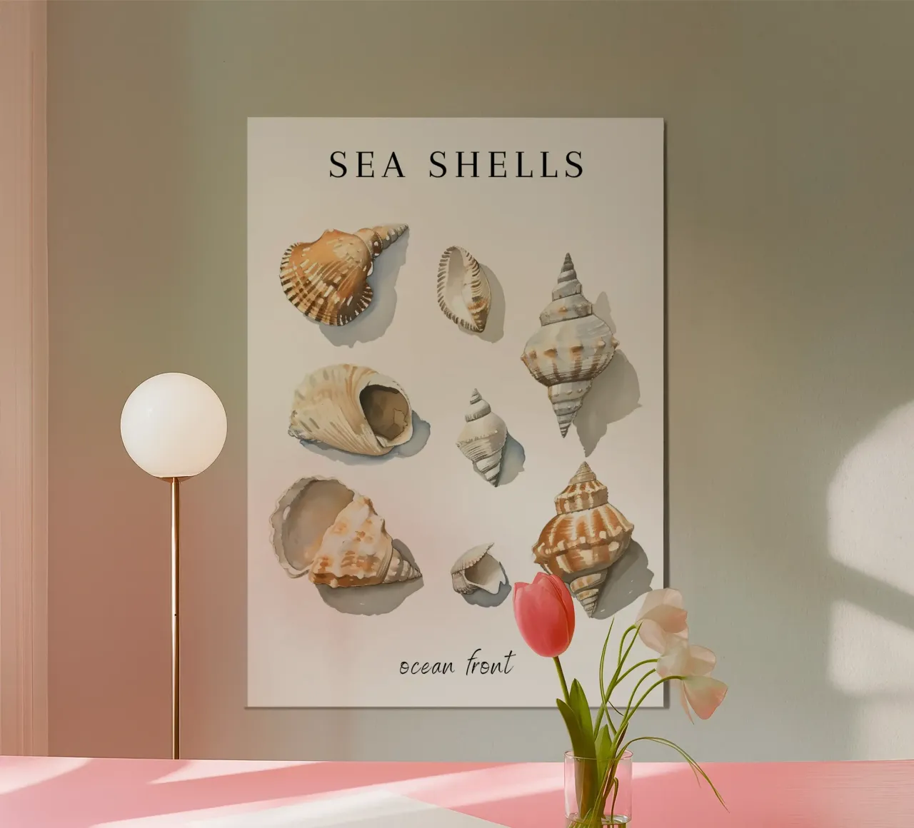 "Conchiglie di mare davanti all'oceano", acquerello neutro poster con telaio in plastica da dawnthesea