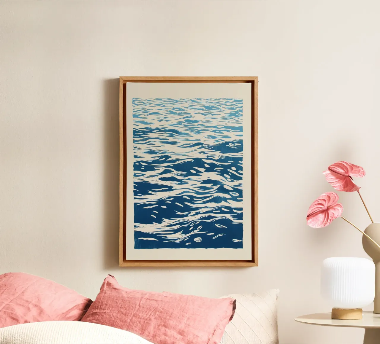 Abstracte Oceaan Golven Blauw Linosnede Kunst Poster canvas met Baklijst van dawnthesea