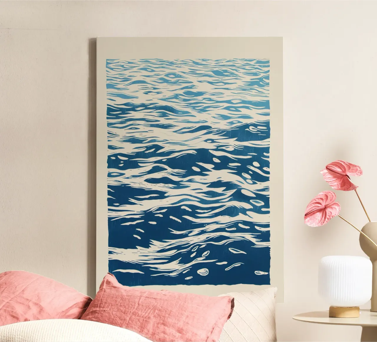 Abstracte Oceaan Golven Blauw Linosnede Kunst Poster canvas met Baklijst van dawnthesea