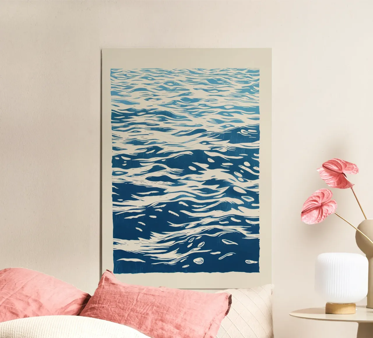 Abstracte Oceaan Golven Blauw Linosnede Kunst Poster poster van dawnthesea