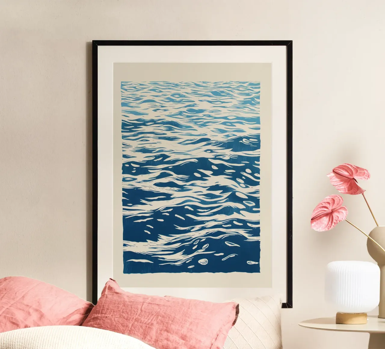 Abstracte Oceaan Golven Blauw Linosnede Kunst Poster poster van dawnthesea