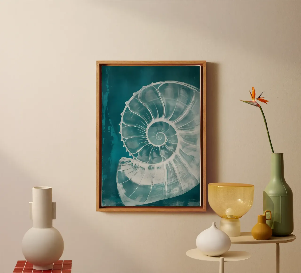 Nautilus schelp abstract turquoise kustkunst poster canvas met Baklijst van dawnthesea