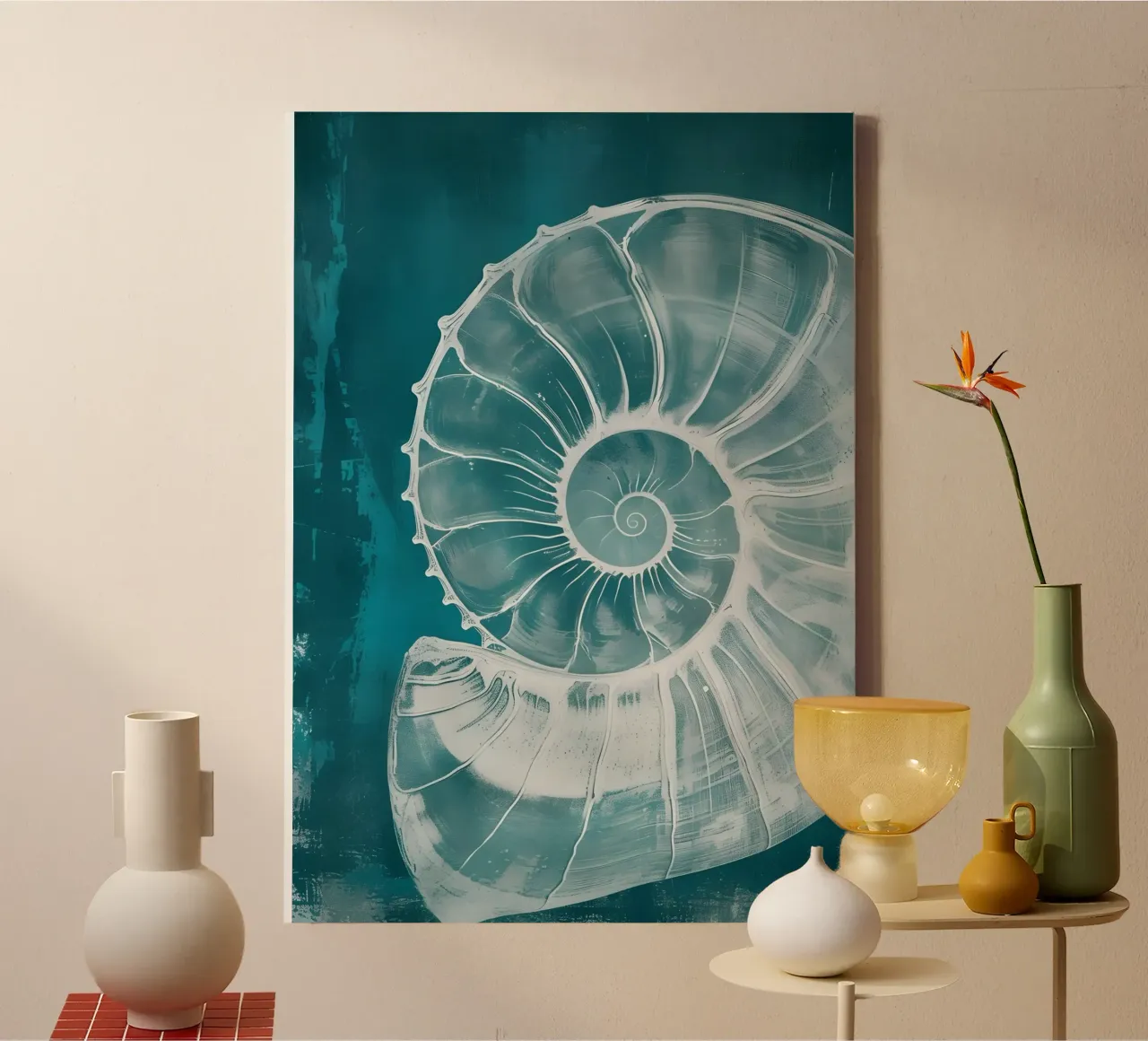 Nautilus schelp abstract turquoise kustkunst poster canvas met Baklijst van dawnthesea