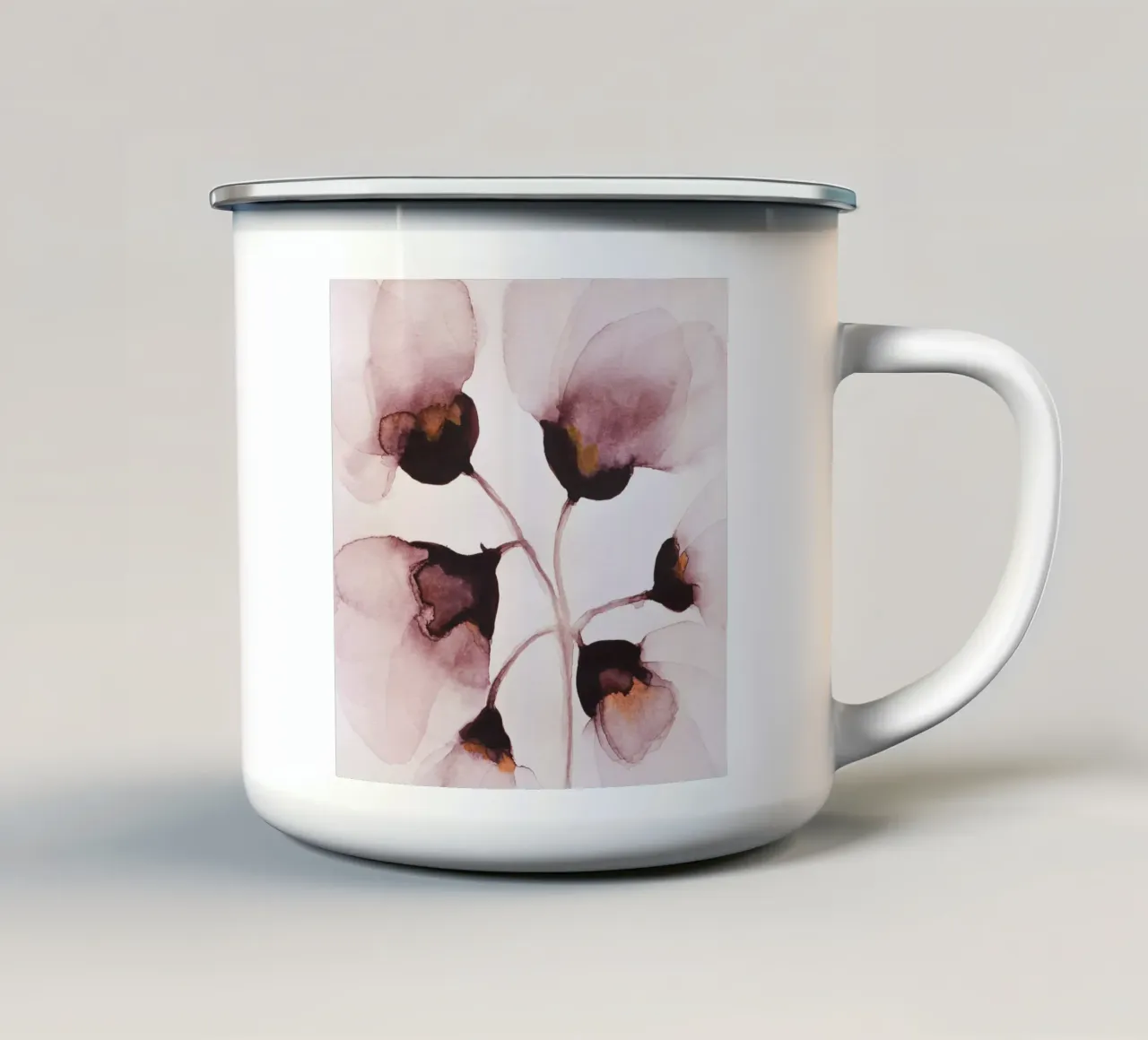 Pittura ad acquerello di fiori in rosa polveroso tazza in smalto da Ingrid Beddoes