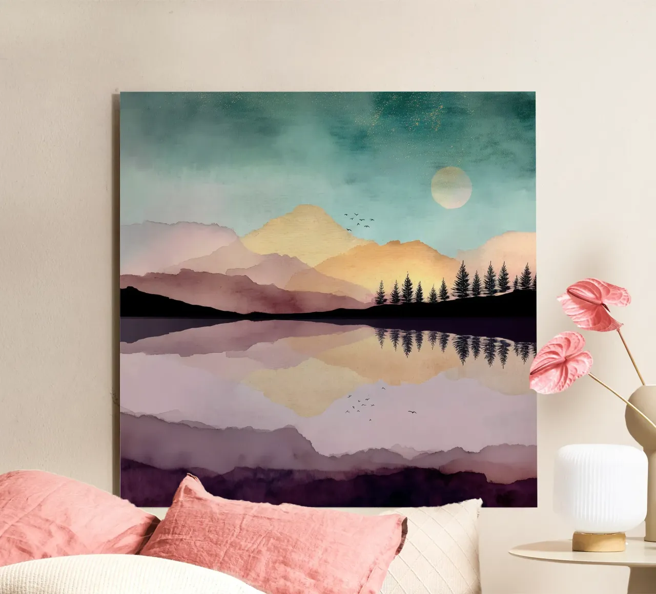 Dreaming Pines - Reflections Beneath a Blushing Sky alluminio dibond da Dune