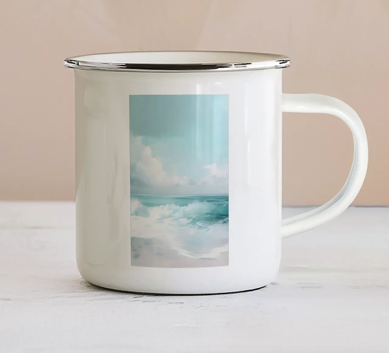 Rustige oceaangolven - Minimalistisch kustgezicht emaille mok van dawnthesea
