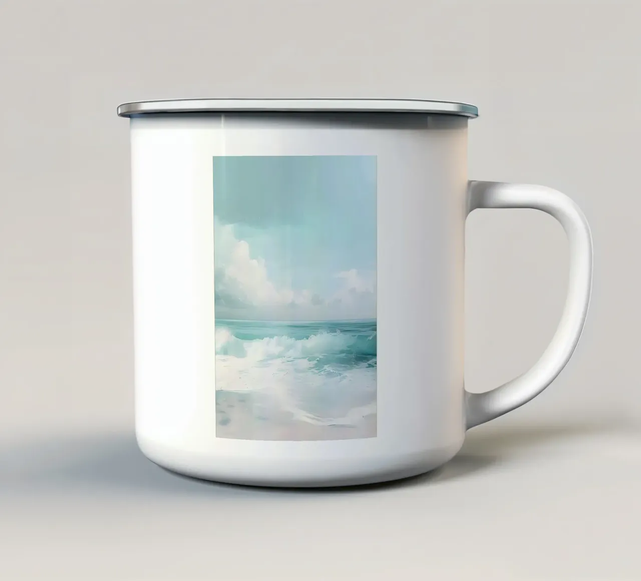 Rustige oceaangolven - Minimalistisch kustgezicht emaille mok van dawnthesea
