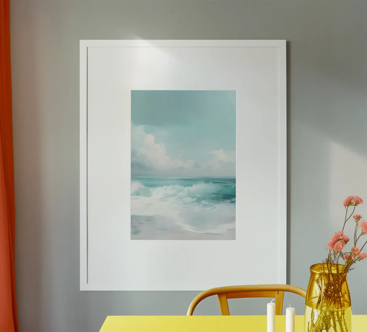 Rustige oceaangolven - Minimalistisch kustgezicht poster met houten frame van dawnthesea
