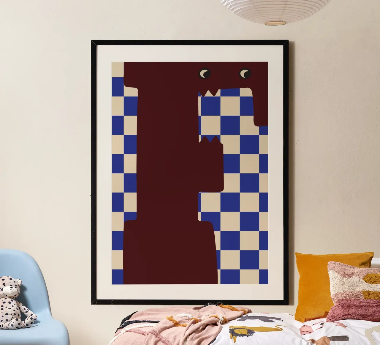 Monstruo divertido Letra F con fondo de damero poster con marco de madera de ALLÉE DE PAPIER