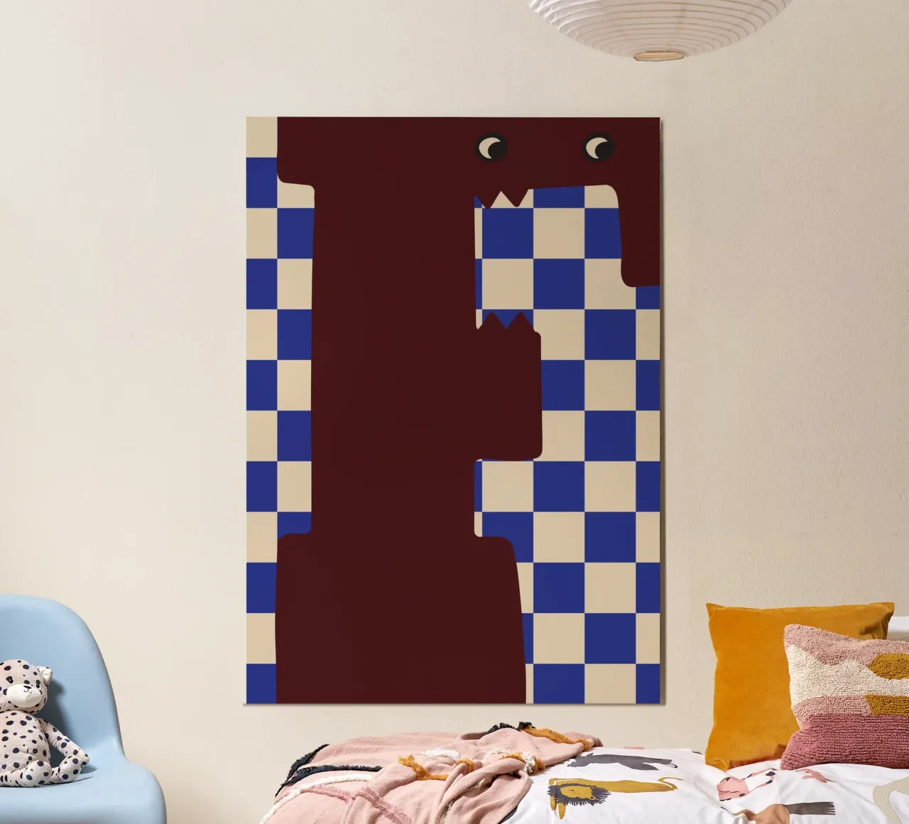 Monstruo divertido Letra F con fondo de damero poster con marco de madera de ALLÉE DE PAPIER