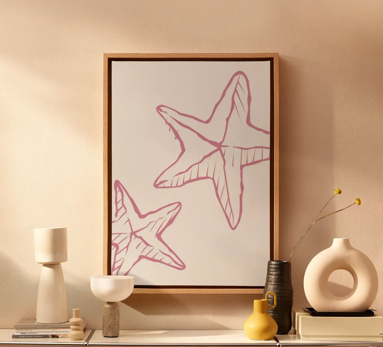 Speelse schets van zeesterren - Roze Minimalistische kustafdruk canvas met Baklijst van dawnthesea