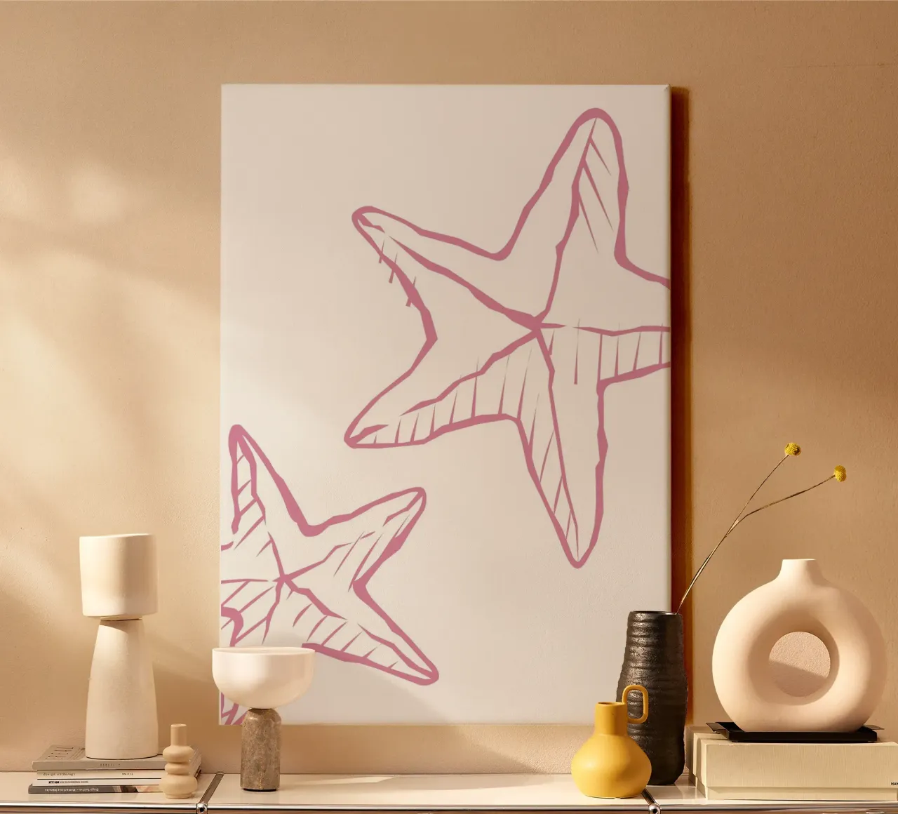 Speelse schets van zeesterren - Roze Minimalistische kustafdruk canvas met Baklijst van dawnthesea