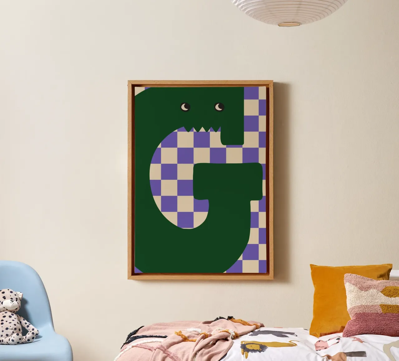 Fun Monster Letter G With Checkerboard Background canvas with Floater frame by ALLÉE DE PAPIER