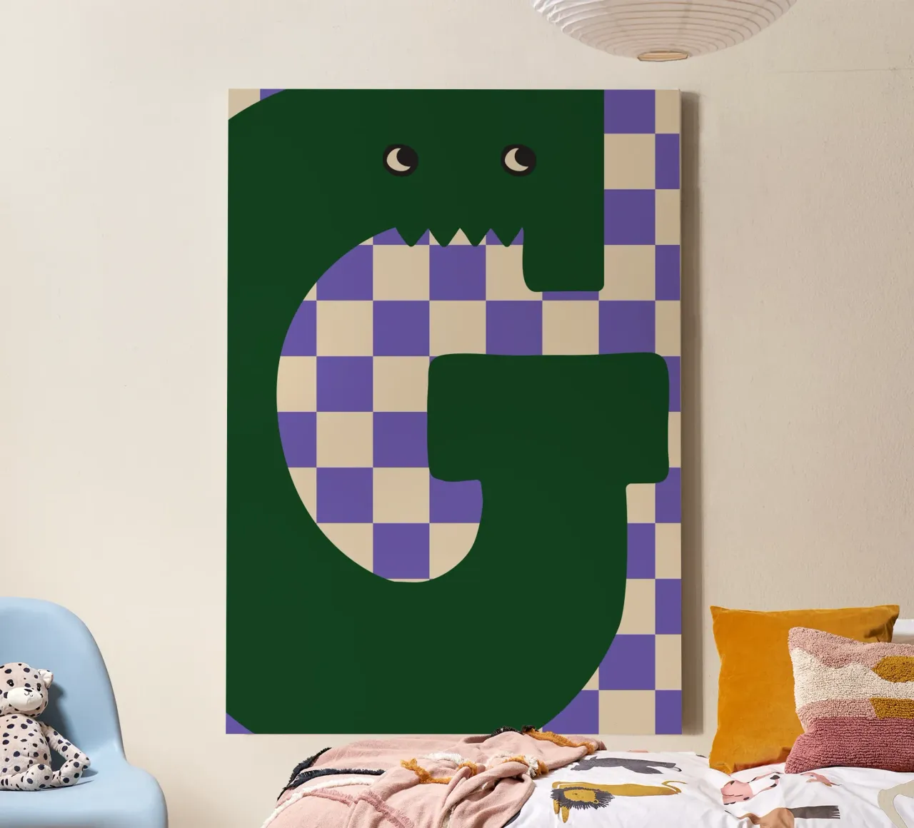 Fun Monster Letter G With Checkerboard Background canvas with Floater frame by ALLÉE DE PAPIER