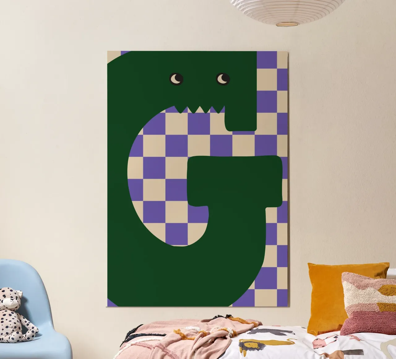 Lustiger Monster-Buchstabe G mit schachbrettartigem Hintergrund Poster von ALLÉE DE PAPIER