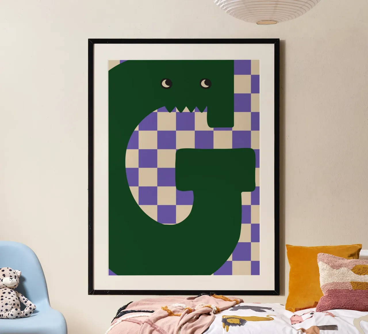 Lustiger Monster-Buchstabe G mit schachbrettartigem Hintergrund Poster von ALLÉE DE PAPIER