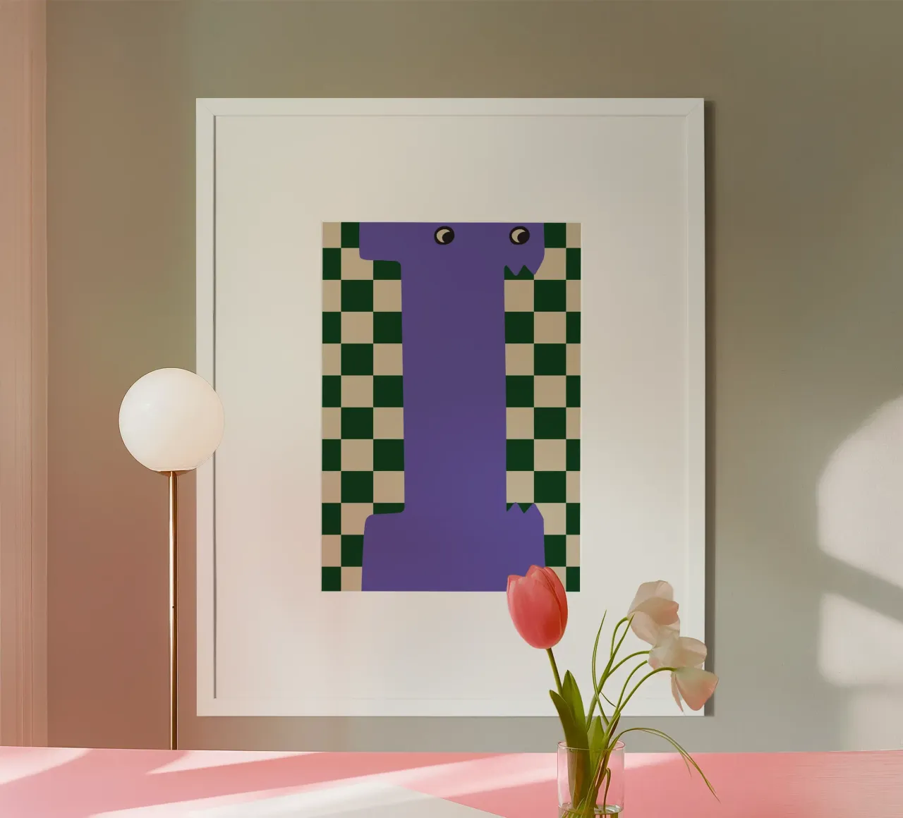Divertente mostro lettera I con sfondo a scacchiera poster da ALLÉE DE PAPIER