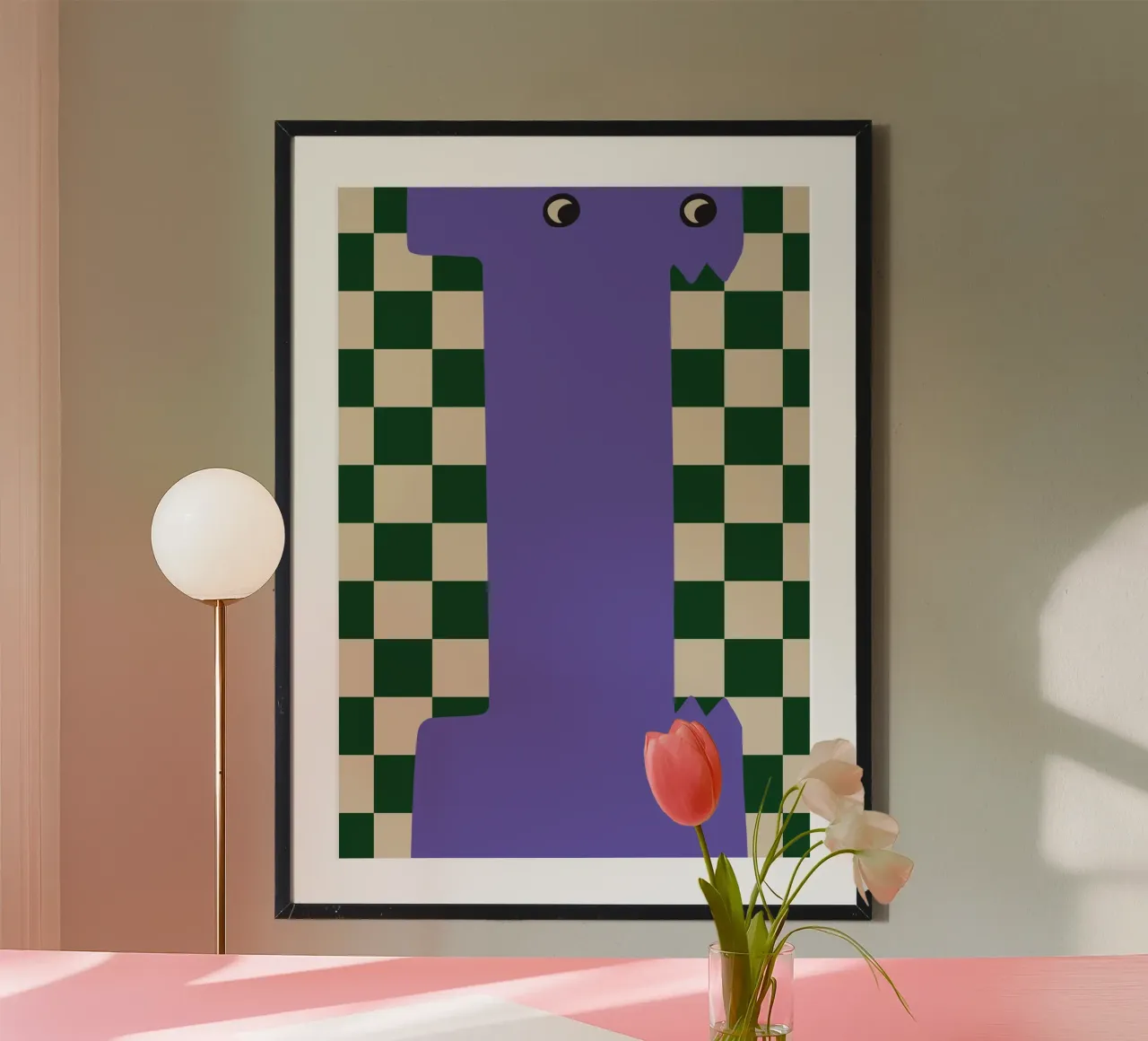 Divertente mostro lettera I con sfondo a scacchiera poster da ALLÉE DE PAPIER