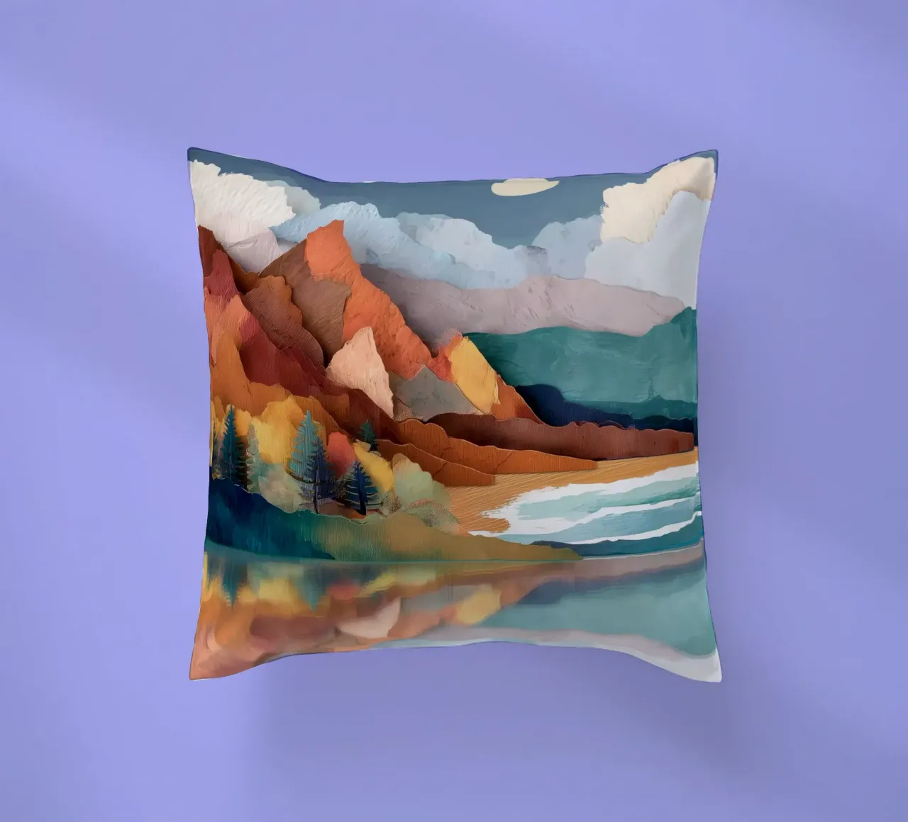 Painted Peaks - Reflections Across a Tranquil Lake cuscino da Dune