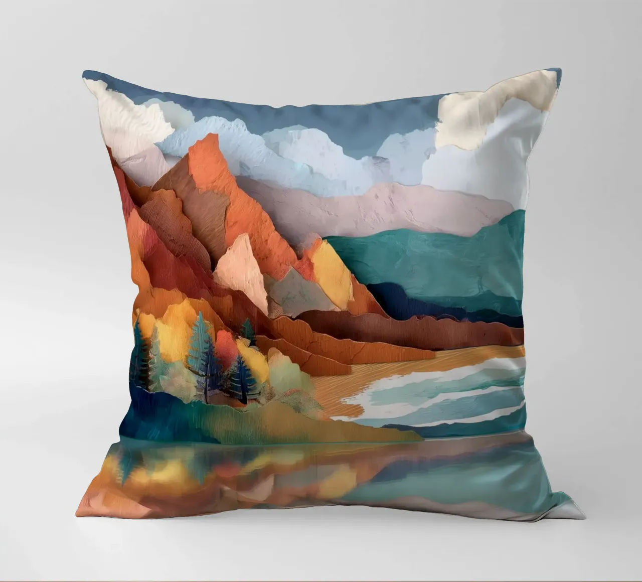 Painted Peaks - Reflections Across a Tranquil Lake cuscino da Dune