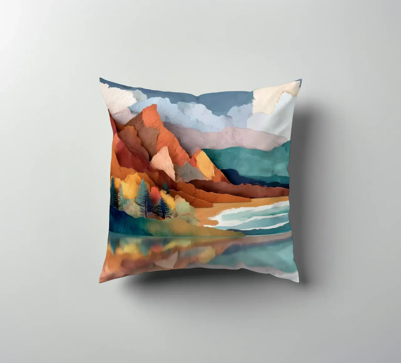 Painted Peaks - Reflections Across a Tranquil Lake cuscino da Dune