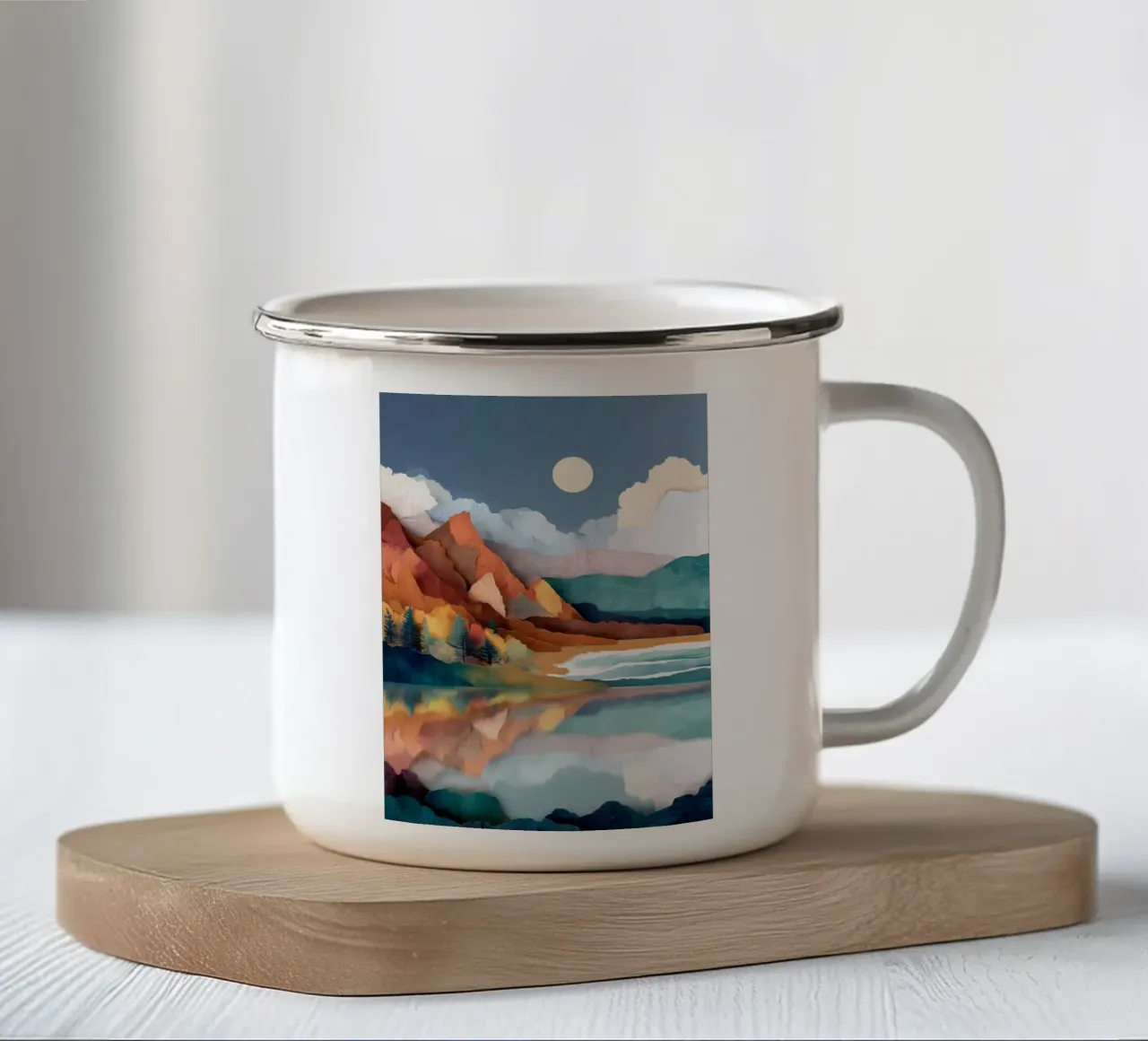 Painted Peaks - Reflections Across a Tranquil Lake tazza in smalto da Dune