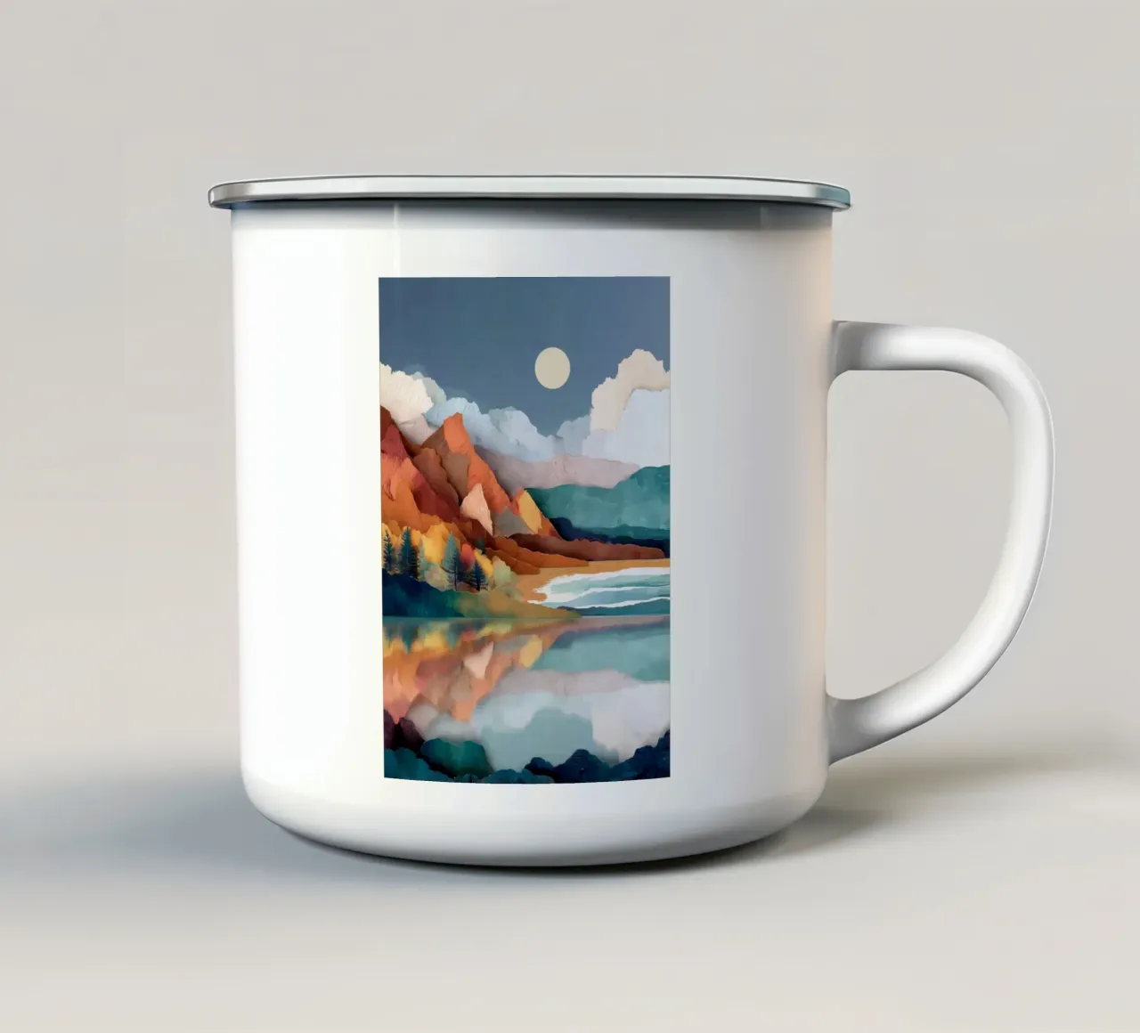 Painted Peaks - Reflections Across a Tranquil Lake tazza in smalto da Dune