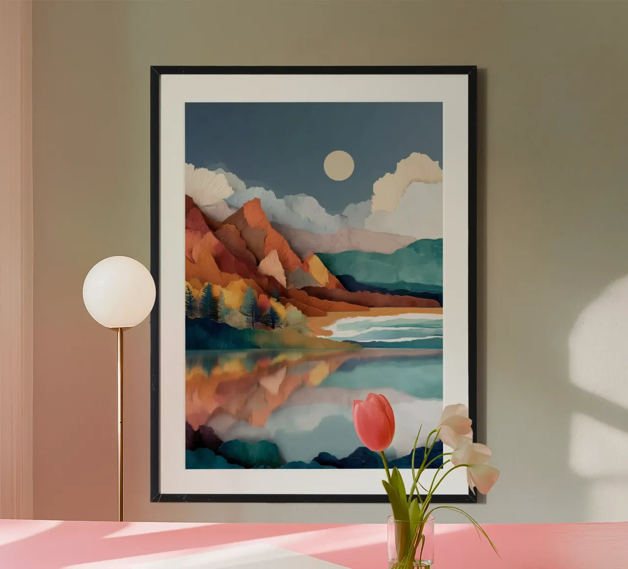Painted Peaks - Reflections Across a Tranquil Lake poster con telaio in legno da Dune