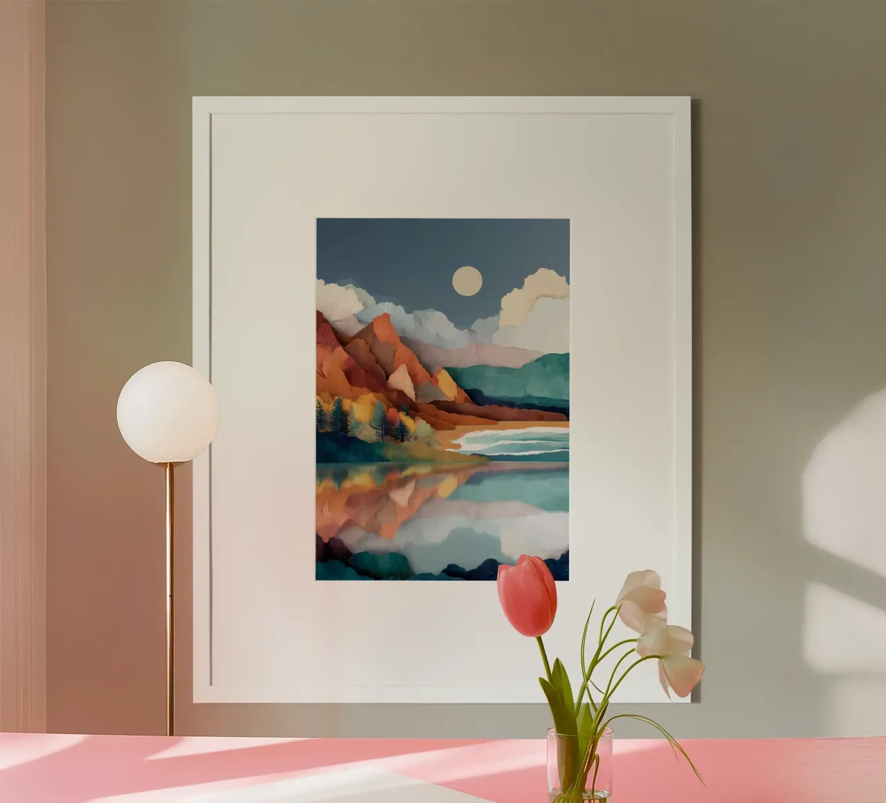 Painted Peaks - Reflections Across a Tranquil Lake poster con telaio in legno da Dune