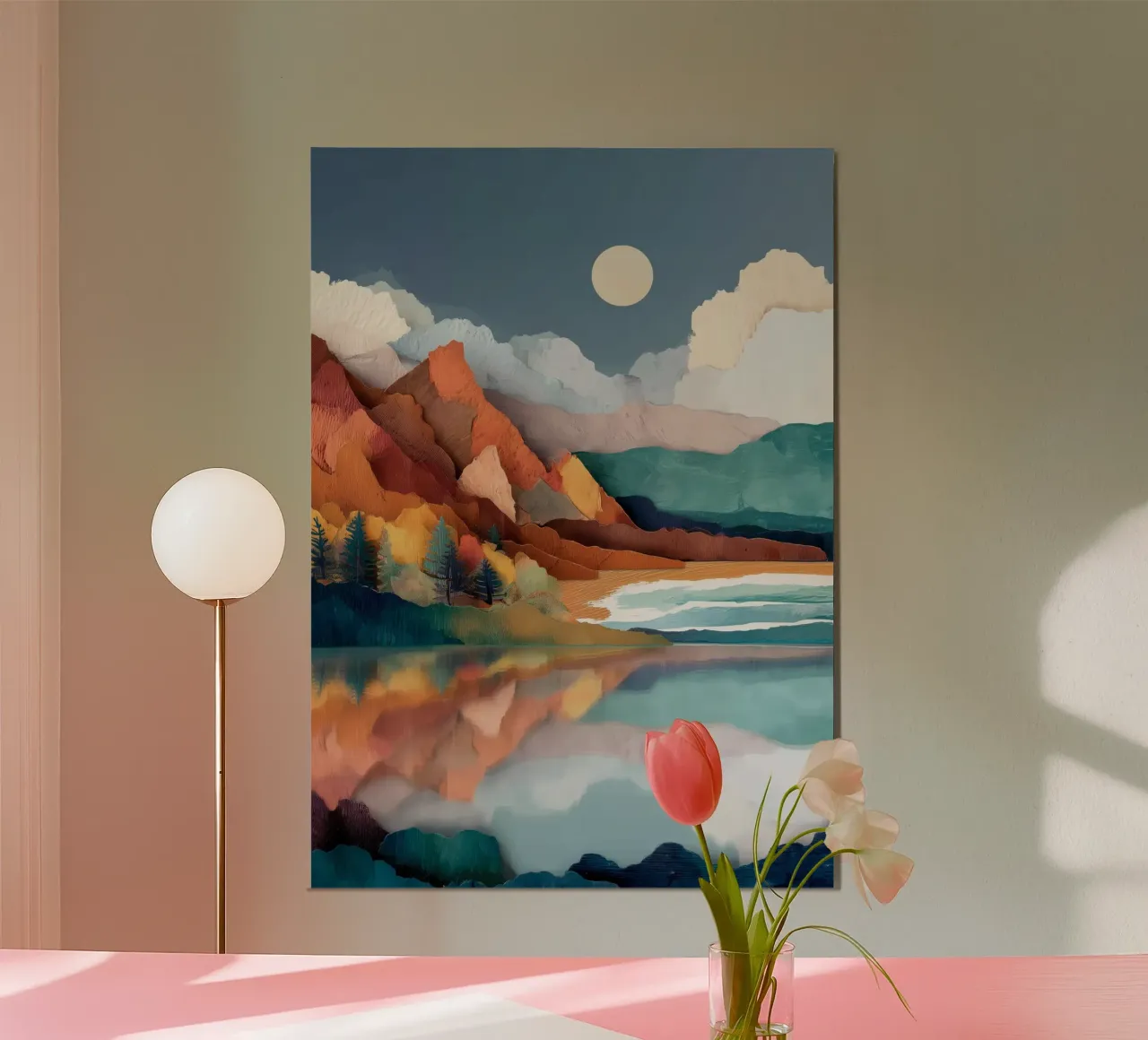 Painted Peaks - Reflections Across a Tranquil Lake poster con telaio in legno da Dune